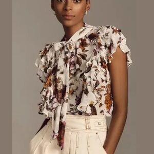 BY ANTHROPOLOGIE TIE-NECK SHEER RUFFLED BLOUSE